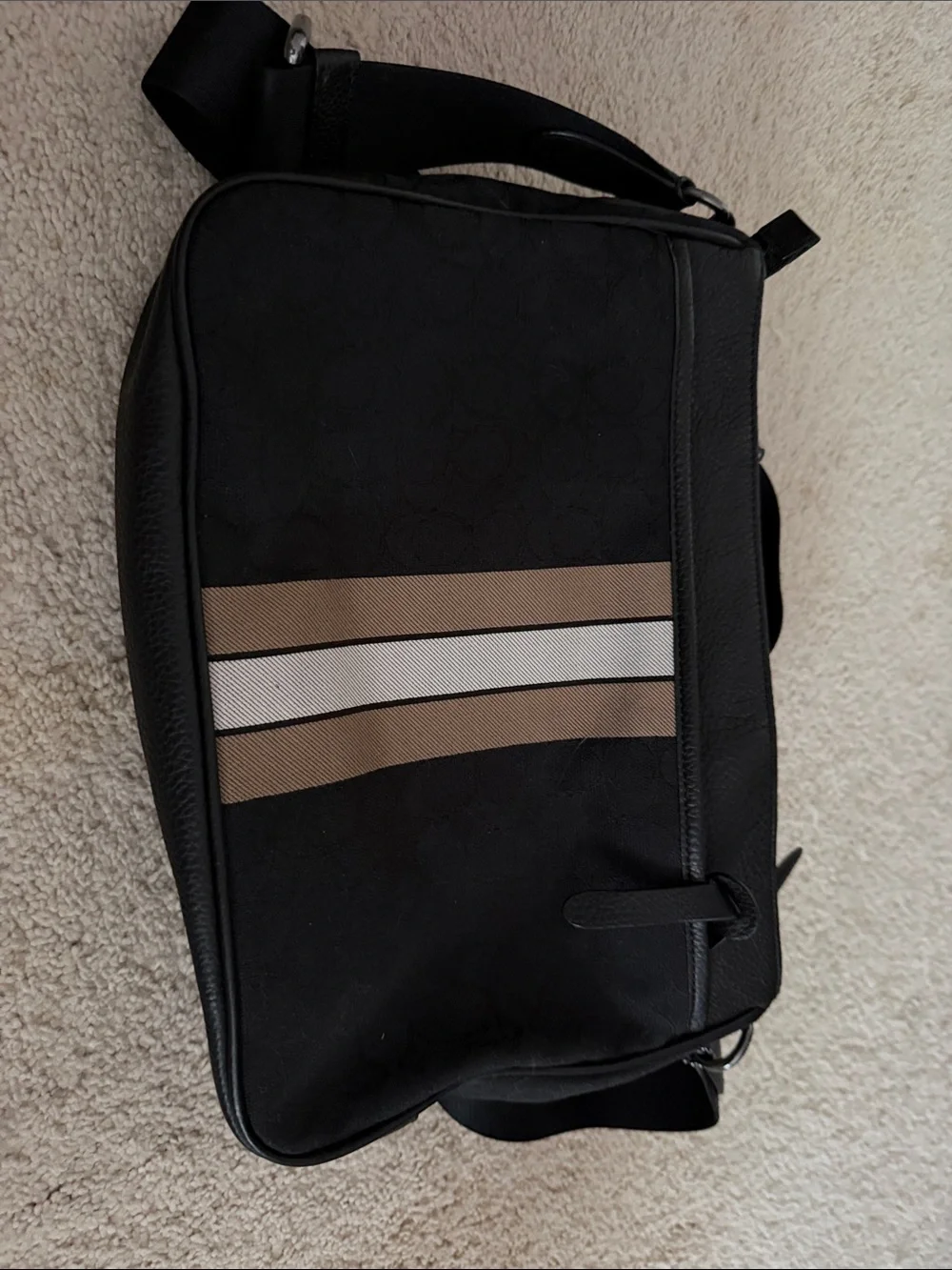Coach Black Messenger Bag with Tan and White Stripes